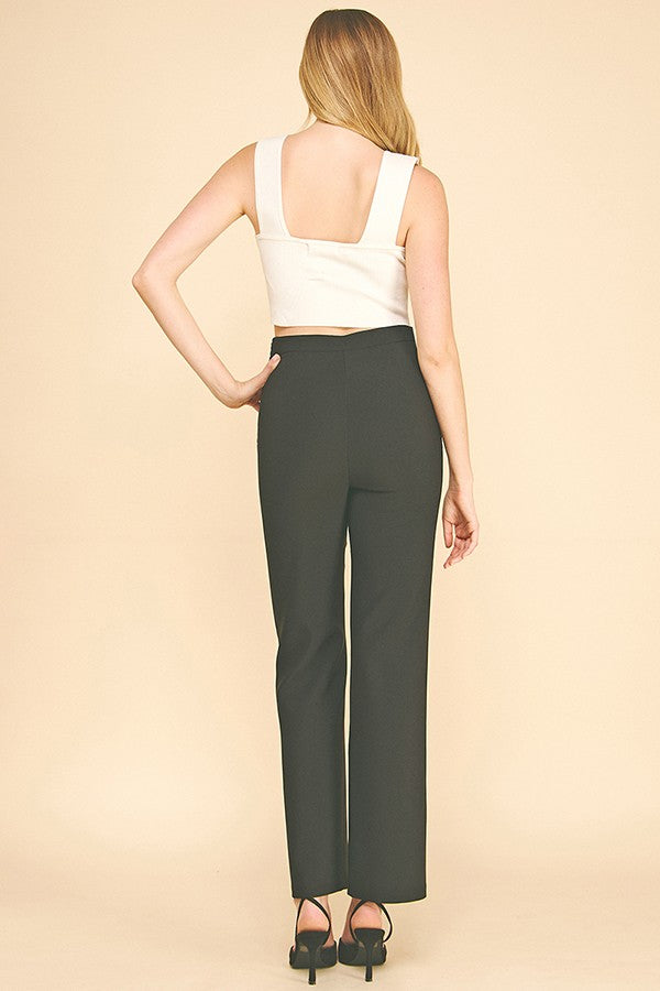 Twill Flared Ring Belt Trim Waist Trousers Pants