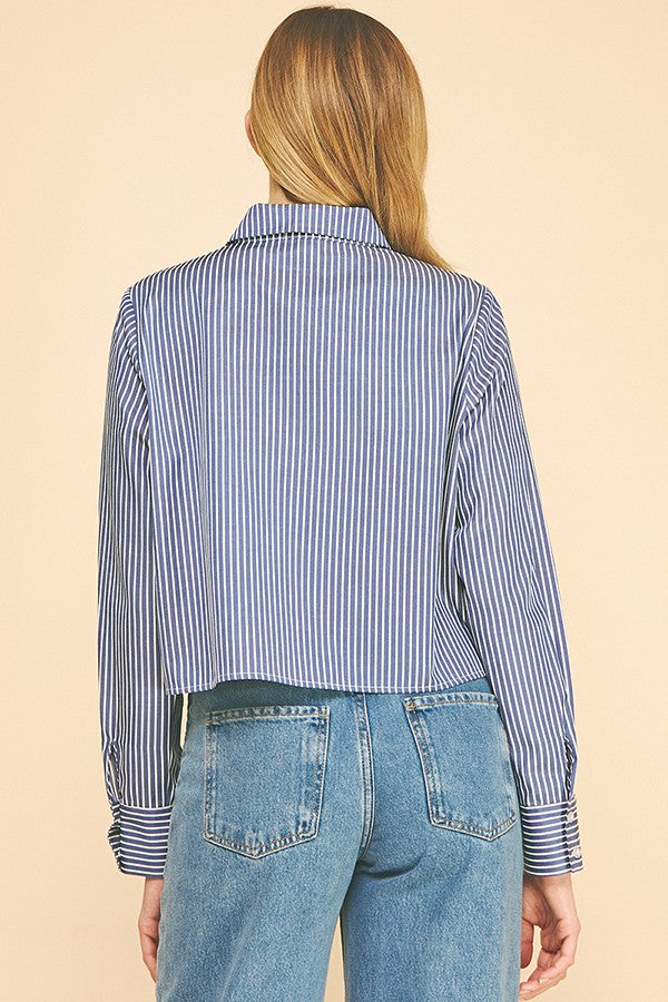Bengal Striped Cropped Oversized Dress Shirt Top