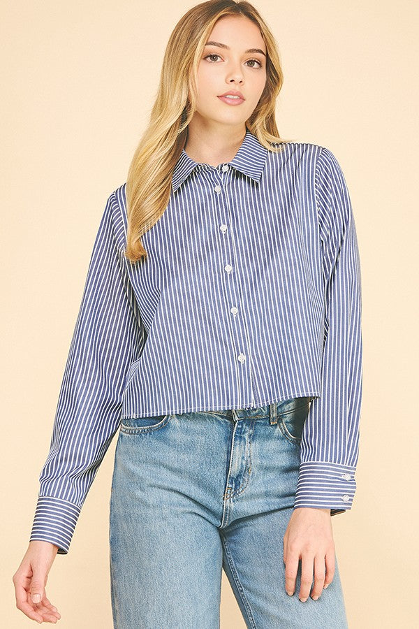 Bengal Striped Cropped Oversized Dress Shirt Top