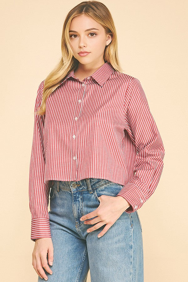 Bengal Striped Cropped Oversized Dress Shirt Top
