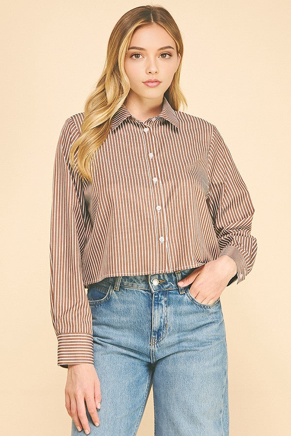 Bengal Striped Cropped Oversized Dress Shirt Top