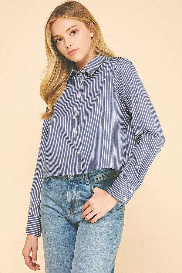 Bengal Striped Cropped Oversized Dress Shirt Top