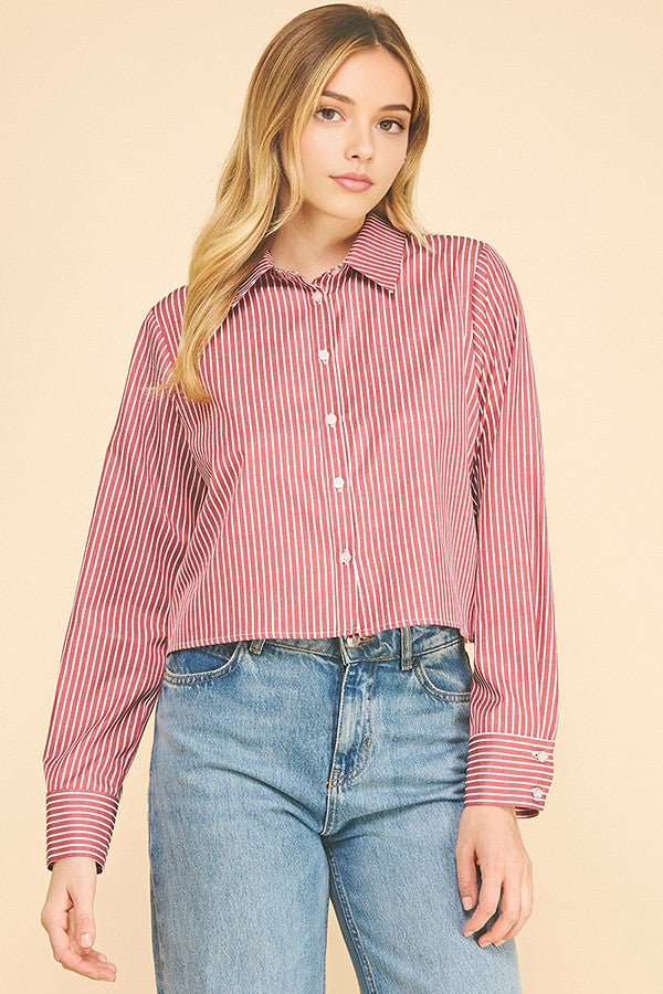 Bengal Striped Cropped Oversized Dress Shirt Top