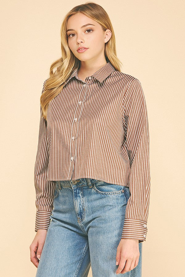 Bengal Striped Cropped Oversized Dress Shirt Top