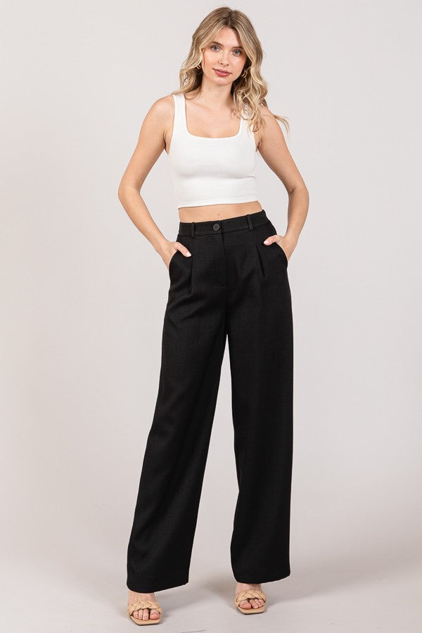 Tweed Wide Leg Pleated Trousers Pants