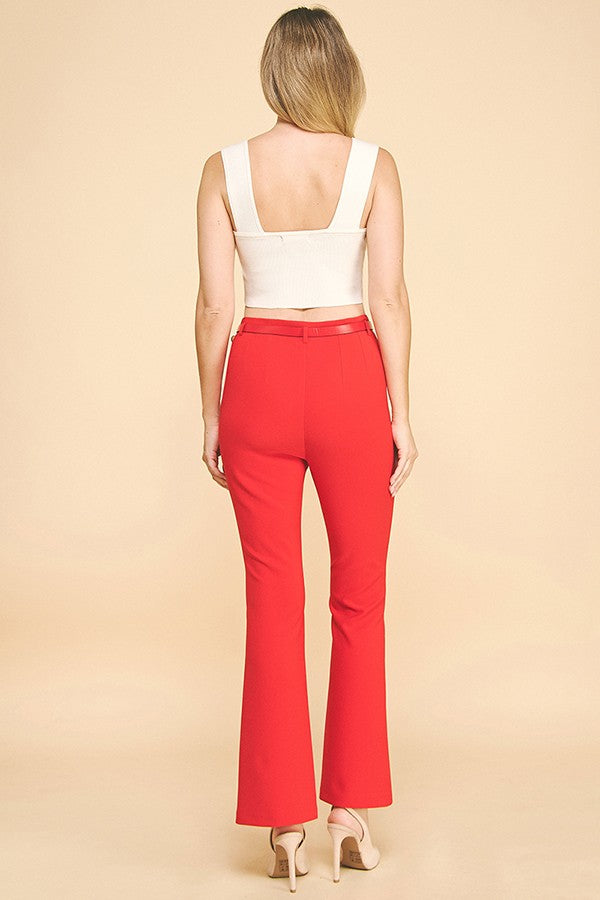 Twill Faux Gold Belted Darted Flared Trousers