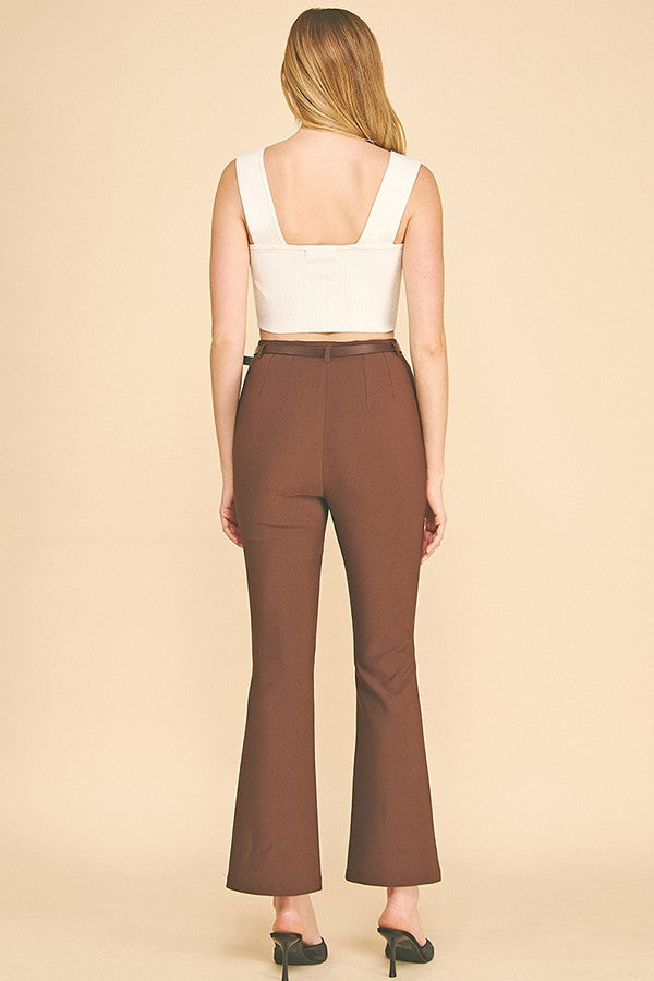 Twill Faux Gold Belted Darted Flared Trousers