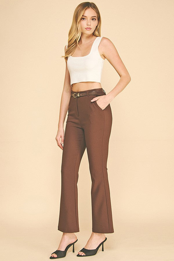 Twill Faux Gold Belted Darted Flared Trousers