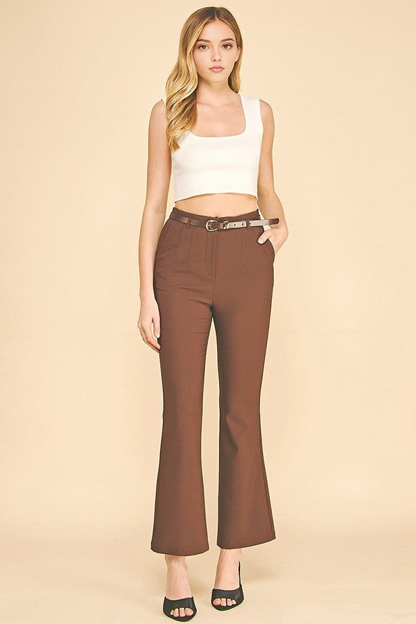 Twill Faux Gold Belted Darted Flared Trousers
