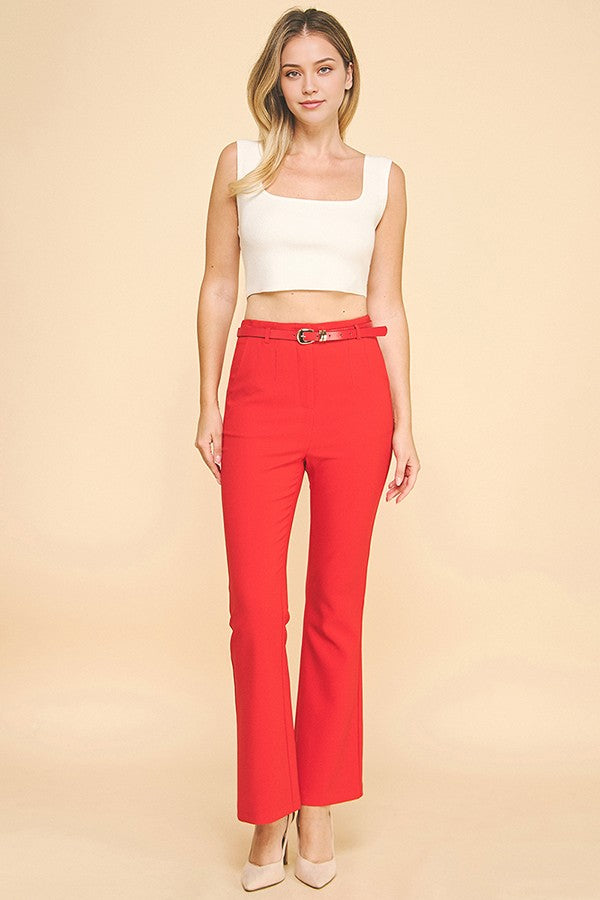 Twill Faux Gold Belted Darted Flared Trousers