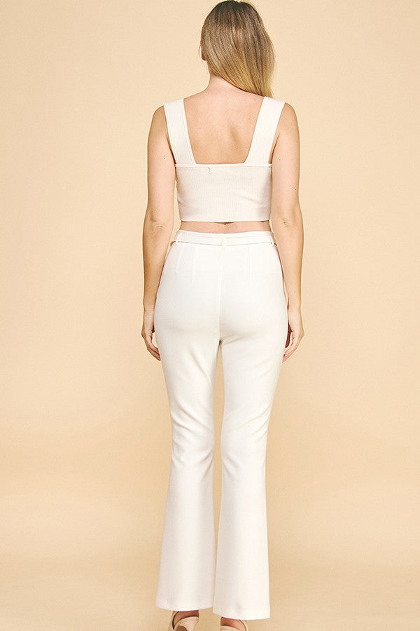 Twill Faux Gold Belted Darted Flared Trousers