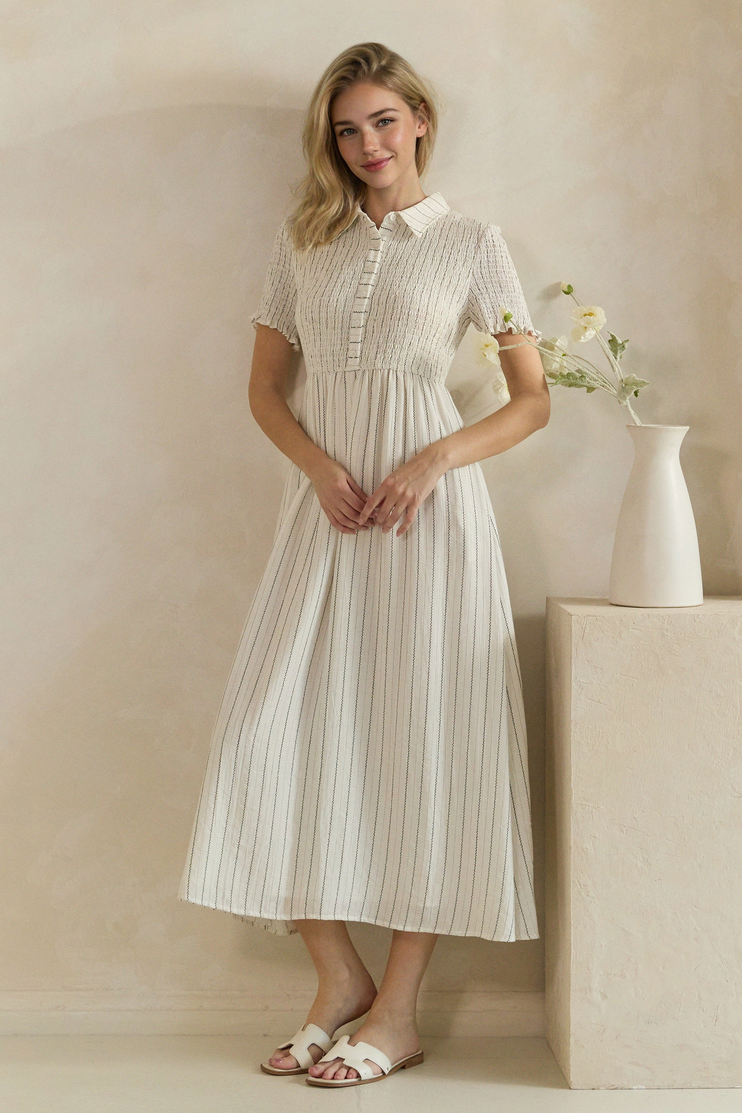 Smocked Bodice Button-down Dress