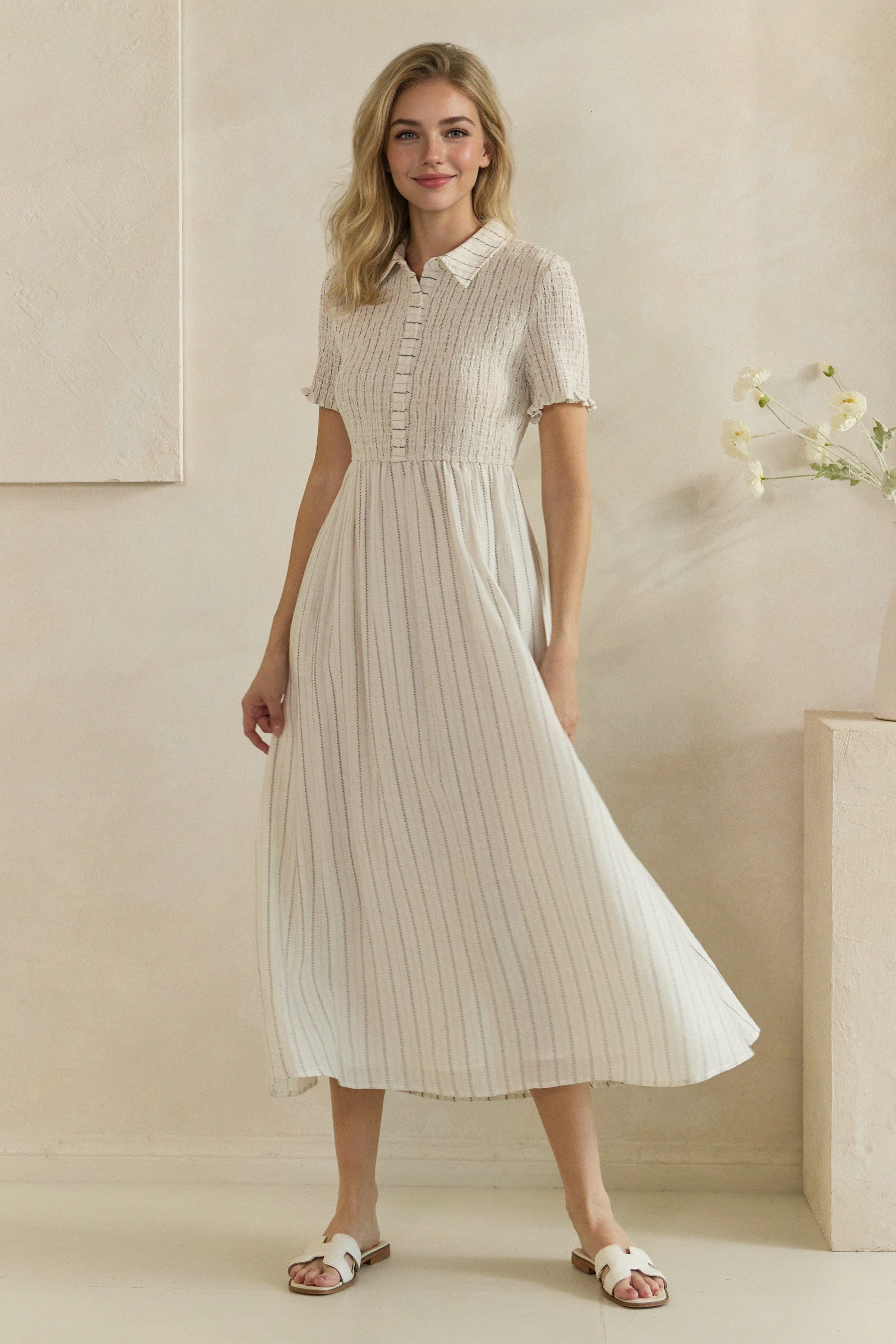 Smocked Bodice Button-down Dress