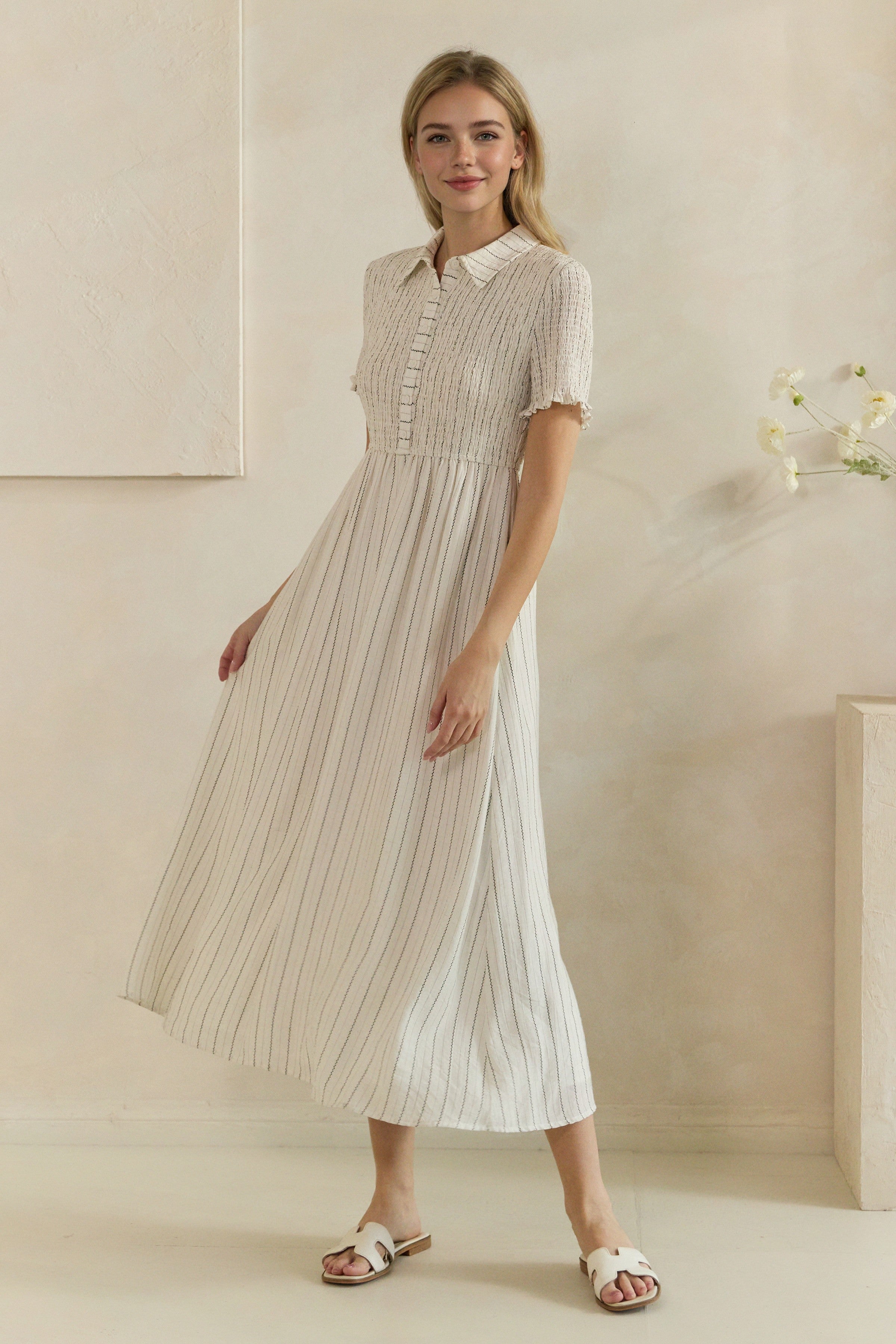Smocked Bodice Button-down Dress