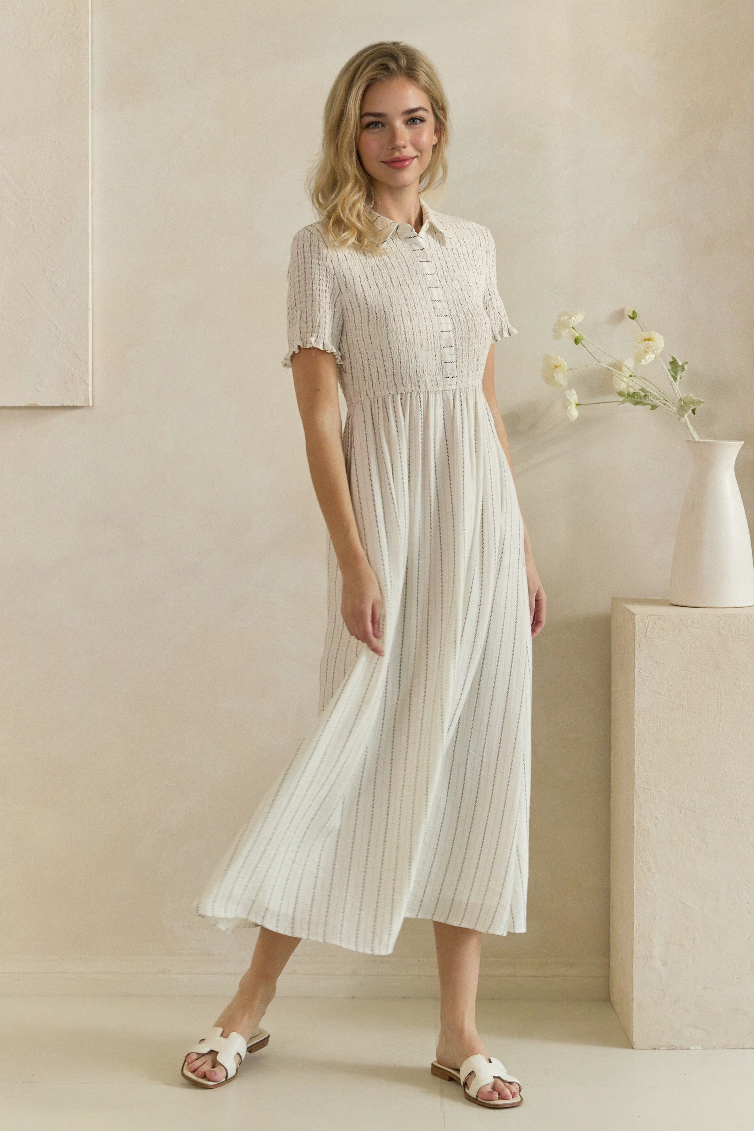 Smocked Bodice Button-down Dress