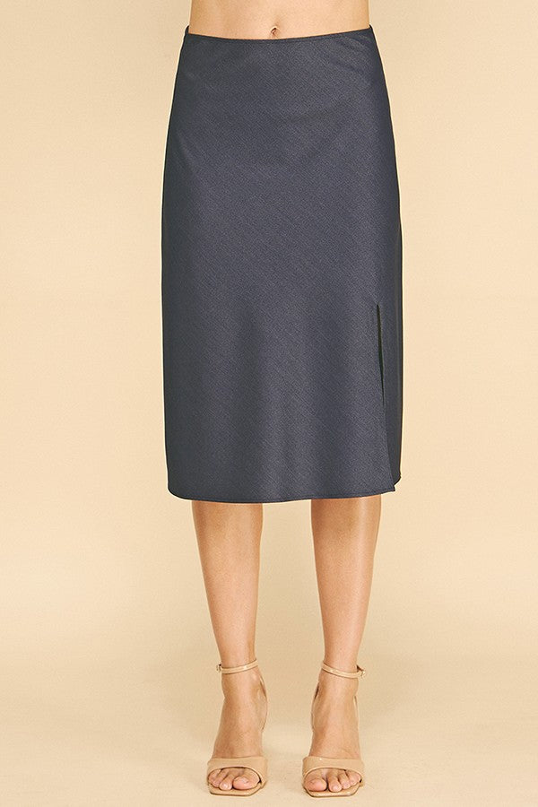 Faux Denim Front Slit Midi Skirt
