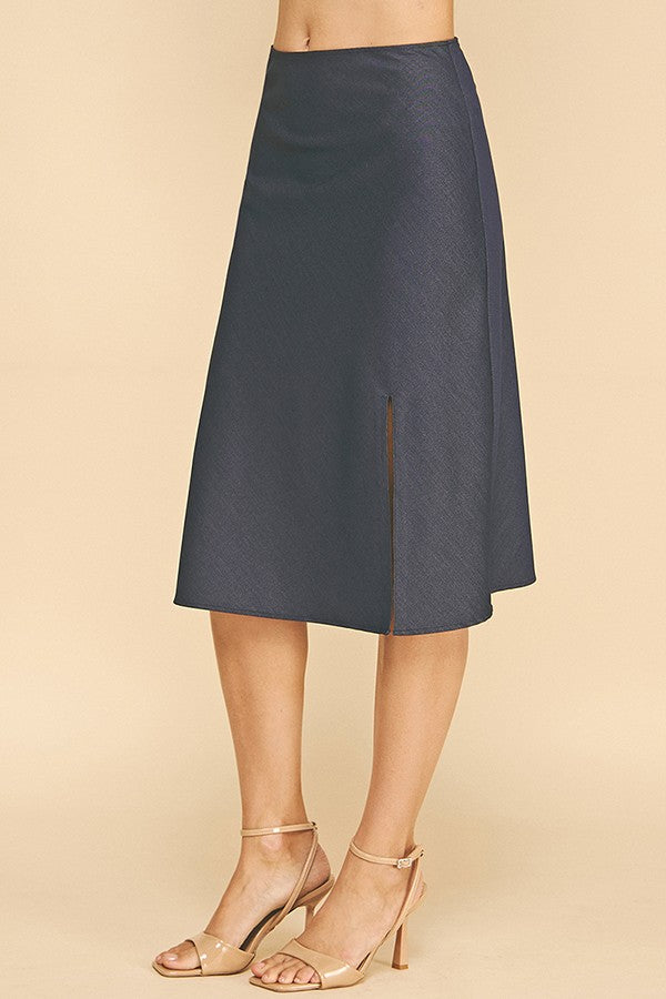 Faux Denim Front Slit Midi Skirt