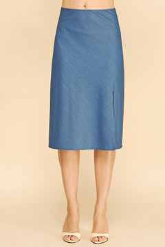 Faux Denim Front Slit Midi Skirt