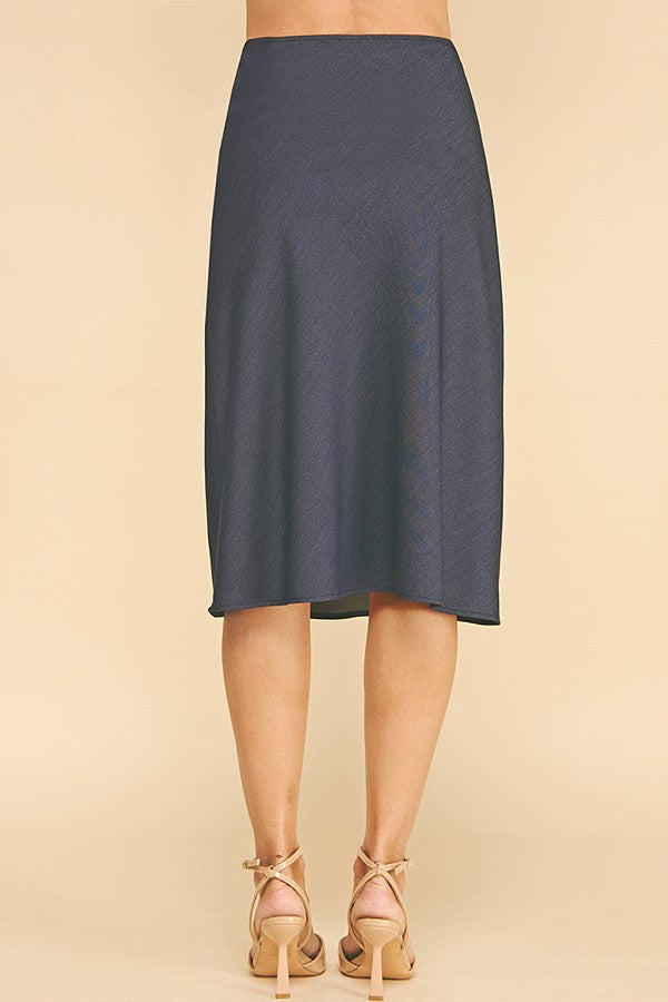 Faux Denim Front Slit Midi Skirt