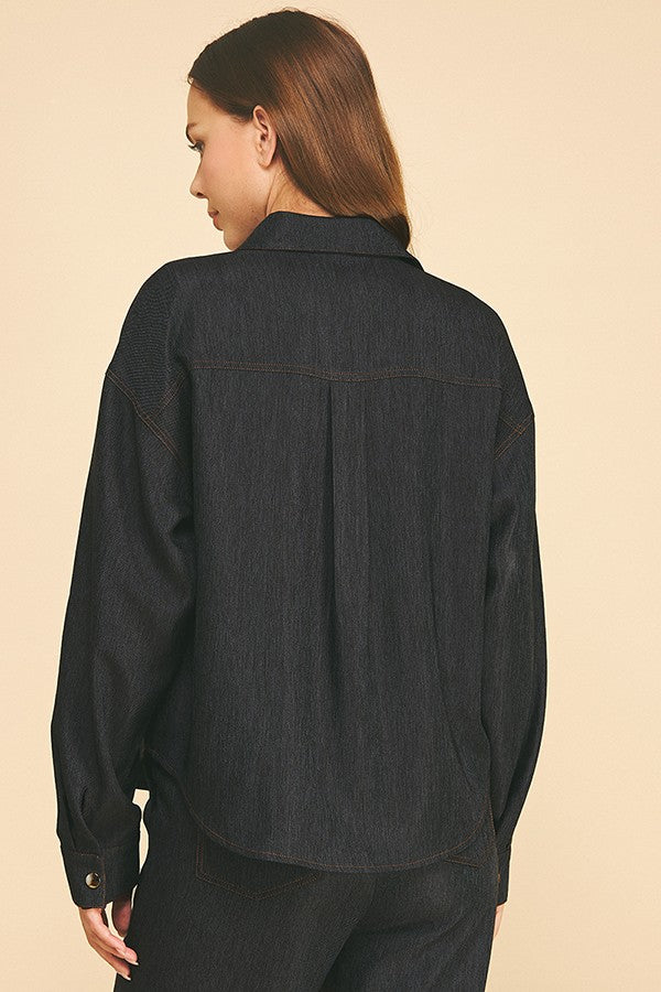 Cationic Faux Denim Tobacco Stitch Oversized Shirt
