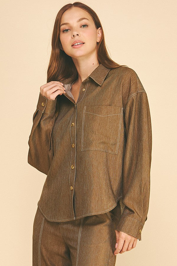 Cationic Faux Denim Tobacco Stitch Oversized Shirt