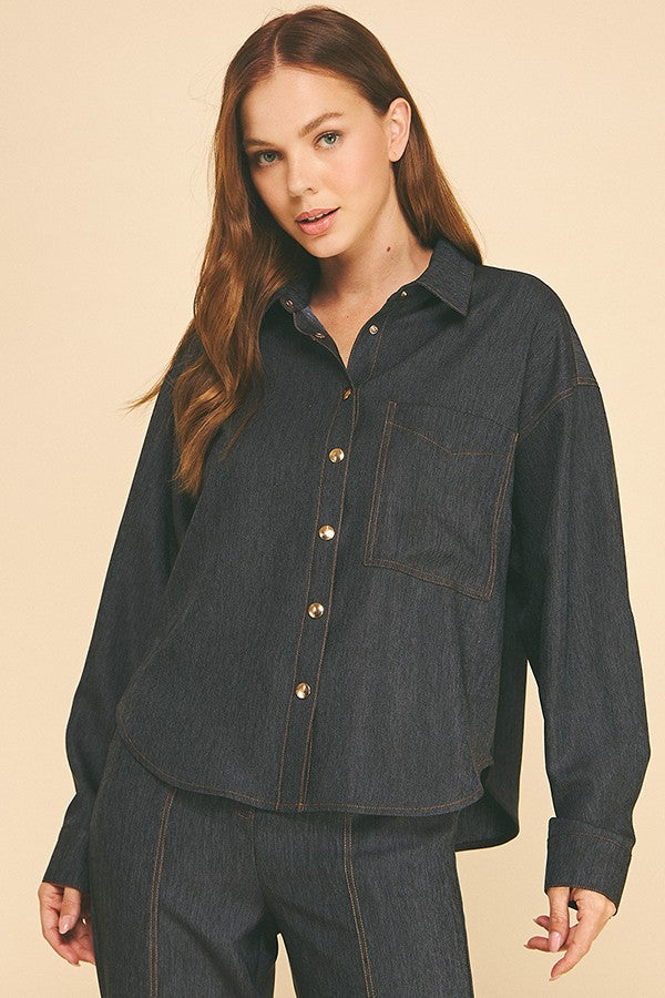 Cationic Faux Denim Tobacco Stitch Oversized Shirt