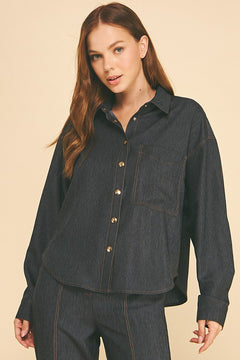 Cationic Faux Denim Tobacco Stitch Oversized Shirt