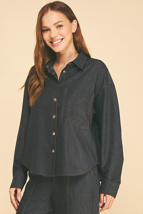 Cationic Faux Denim Tobacco Stitch Oversized Shirt