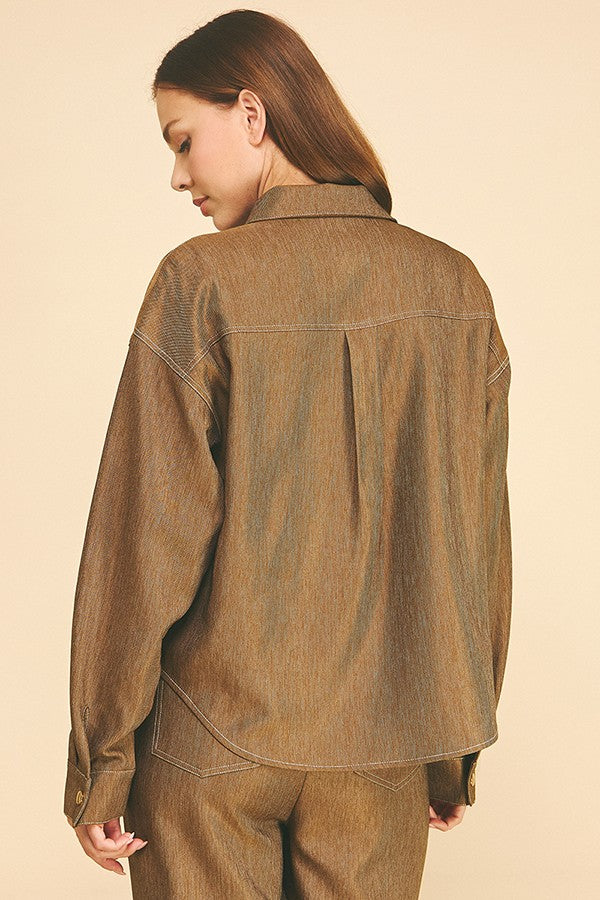 Cationic Faux Denim Tobacco Stitch Oversized Shirt