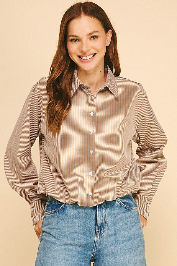 Bengal Striped Peplum Satin Lined Elastic Hem Shirt
