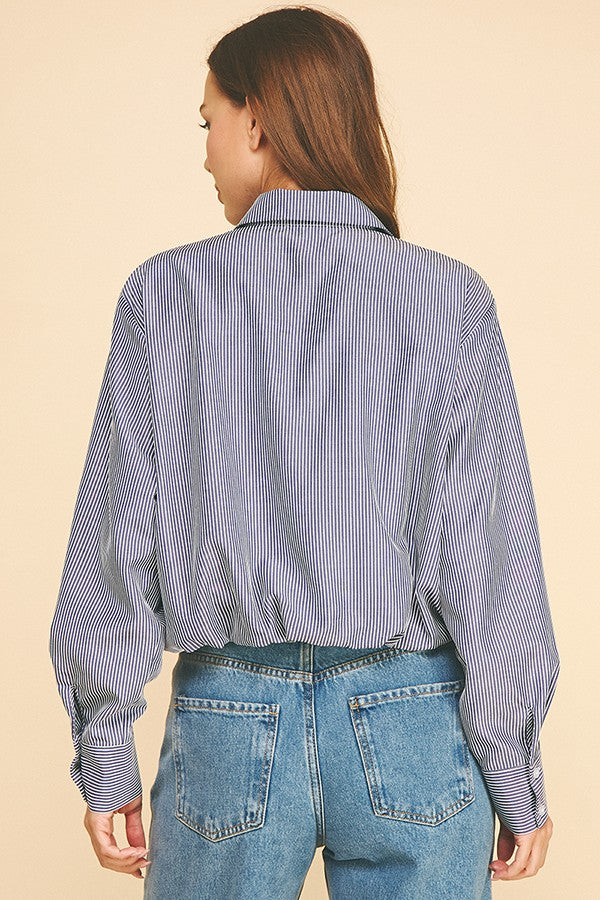 Bengal Striped Peplum Satin Lined Elastic Hem Shirt