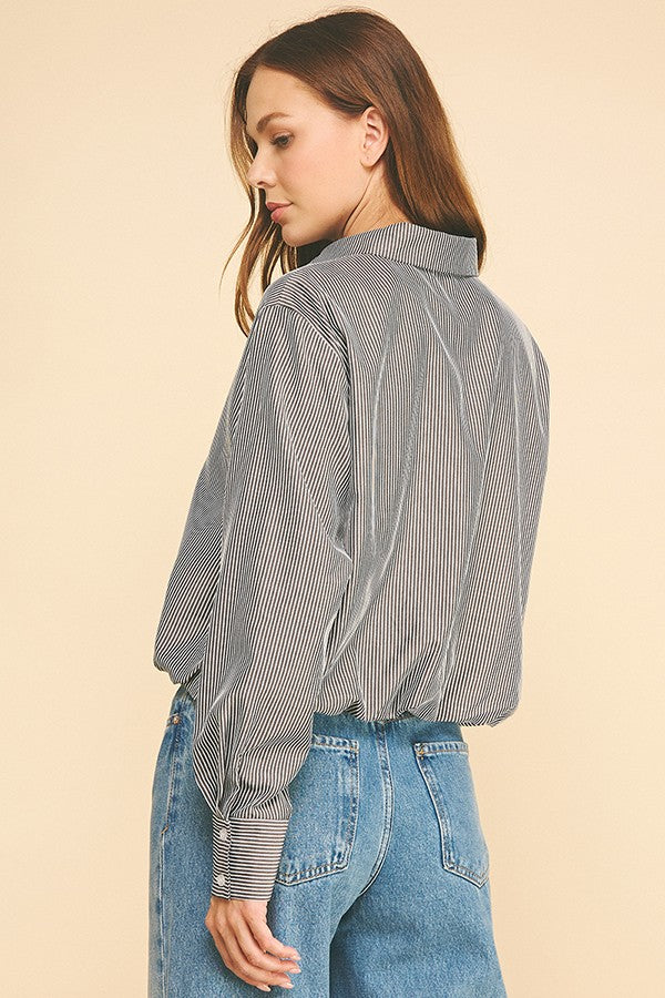Bengal Striped Peplum Satin Lined Elastic Hem Shirt