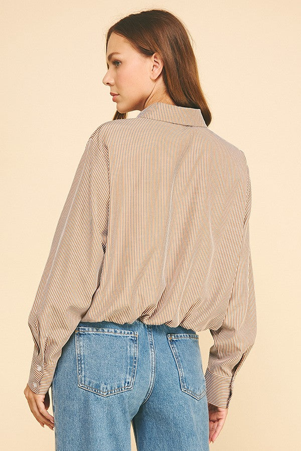 Bengal Striped Peplum Satin Lined Elastic Hem Shirt