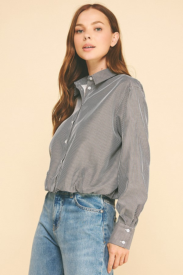 Bengal Striped Peplum Satin Lined Elastic Hem Shirt