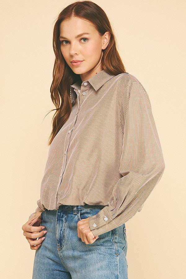 Bengal Striped Peplum Satin Lined Elastic Hem Shirt