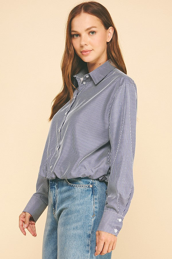 Bengal Striped Peplum Satin Lined Elastic Hem Shirt
