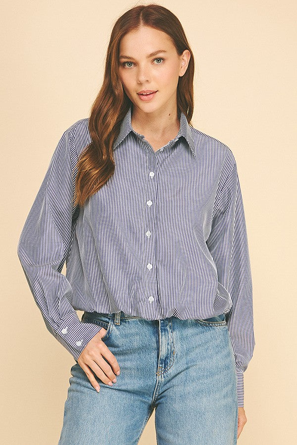 Bengal Striped Peplum Satin Lined Elastic Hem Shirt