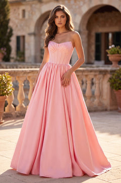 Long Satin Prom Ball Gown With Sweetheart Corset Bodice