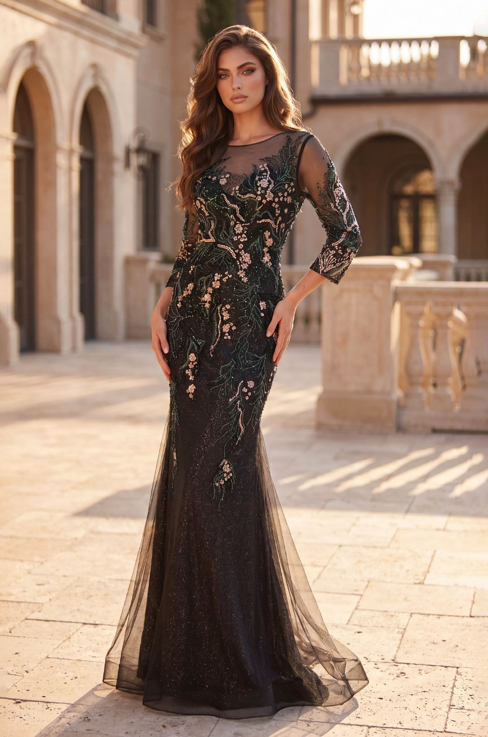 Floral Beaded Bodice Long Formal Evening Dress