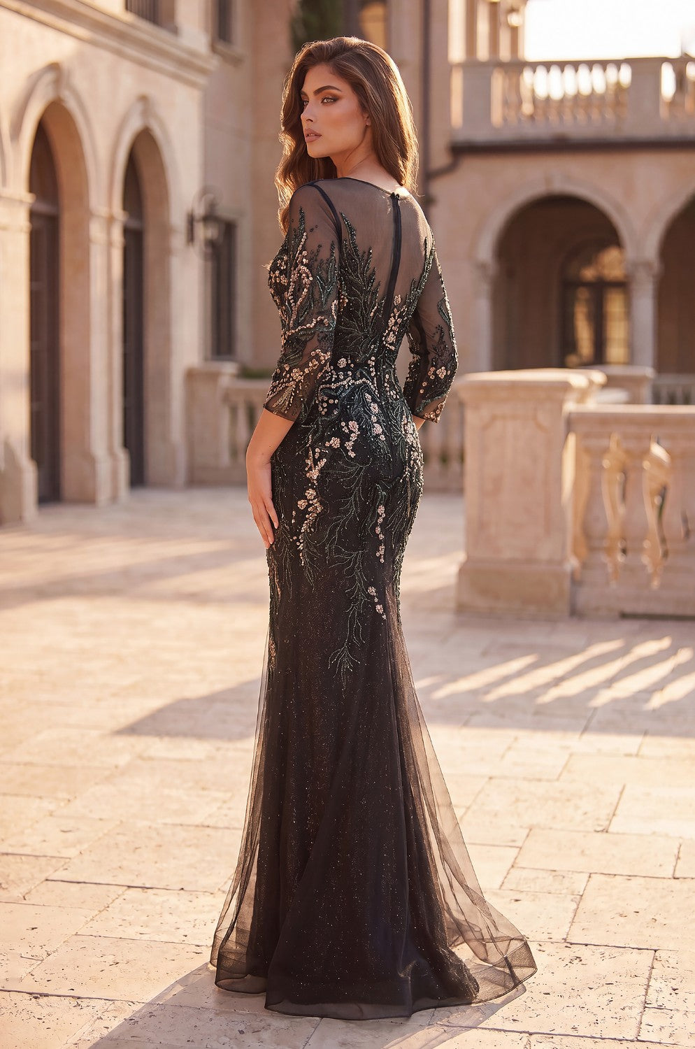 Floral Beaded Bodice Long Formal Evening Dress
