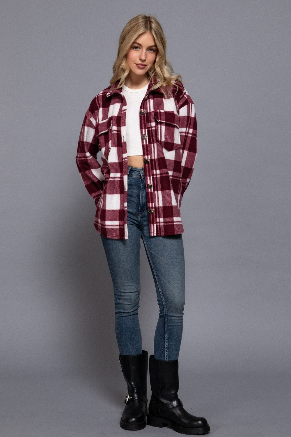 Long Slv Check Printed Fleece Shacket