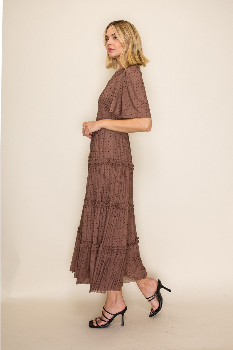 Swiss Dot Smocked Tiered Maxi Dress