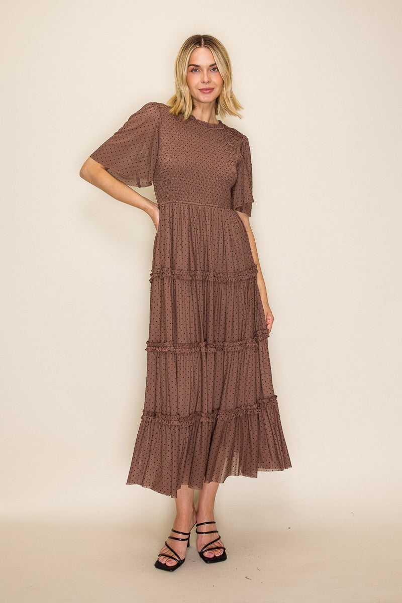 Swiss Dot Smocked Tiered Maxi Dress