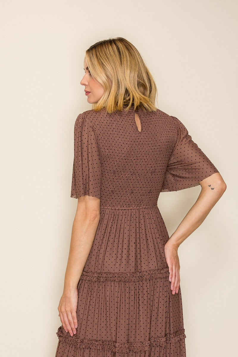 Swiss Dot Smocked Tiered Maxi Dress