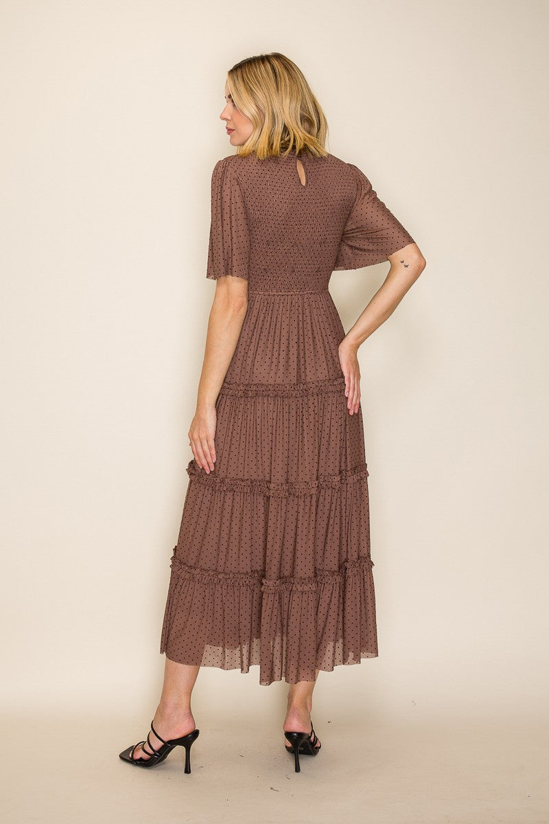 Swiss Dot Smocked Tiered Maxi Dress