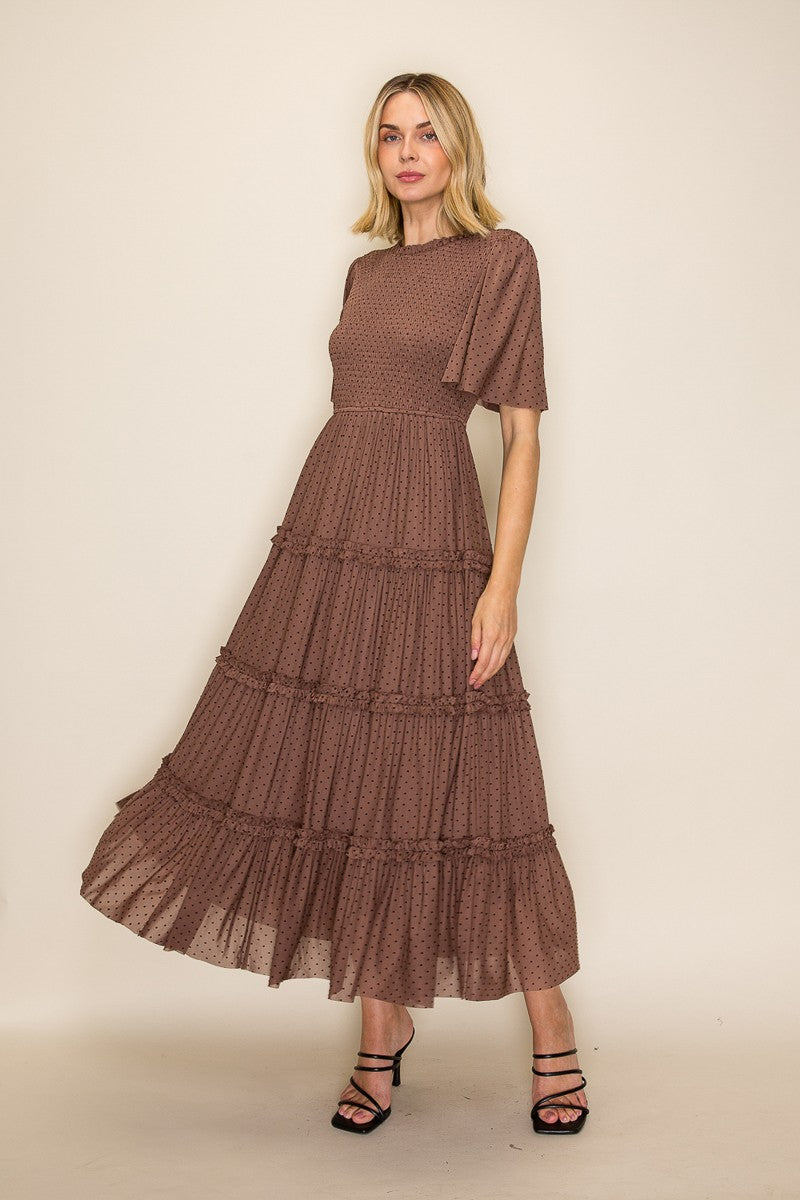 Swiss Dot Smocked Tiered Maxi Dress