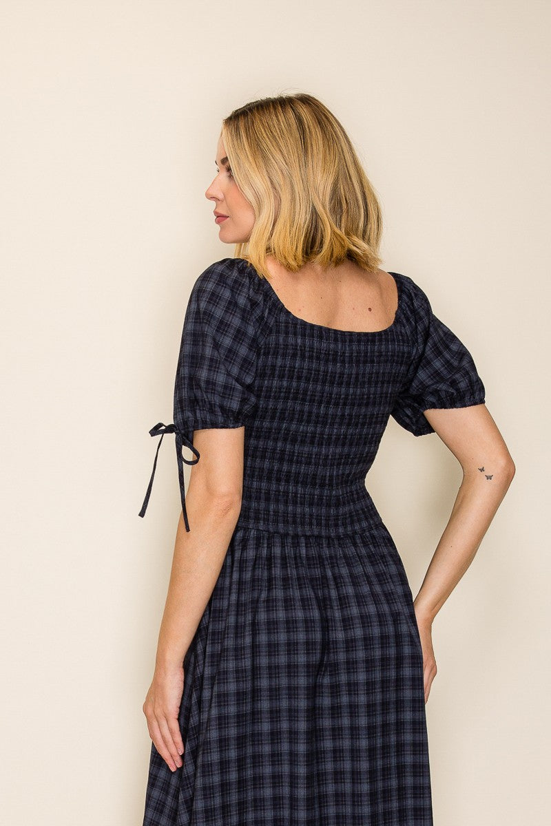 Plaid Smocked Square Neck Dress
