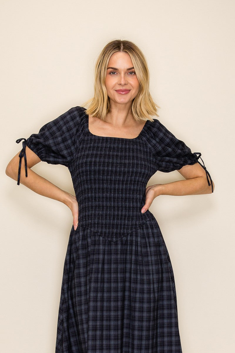 Plaid Smocked Square Neck Dress