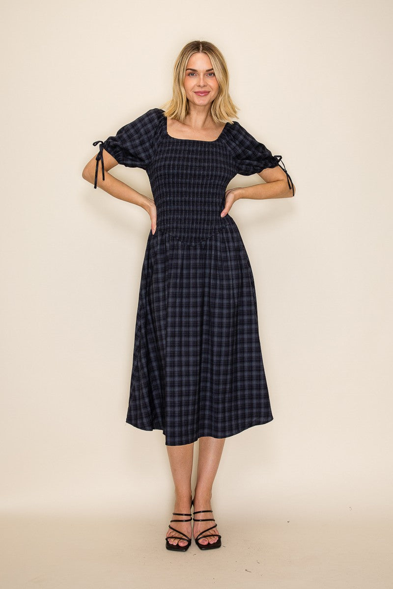 Plaid Smocked Square Neck Dress
