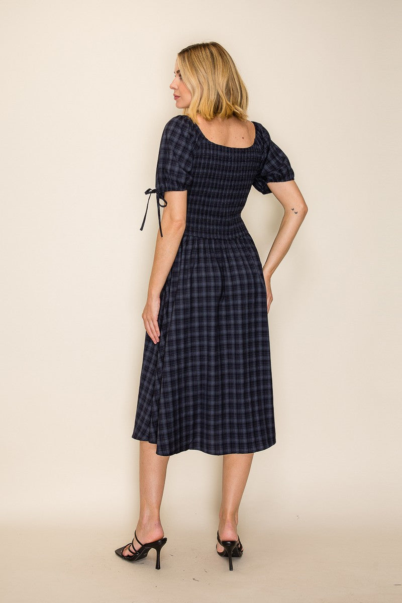 Plaid Smocked Square Neck Dress